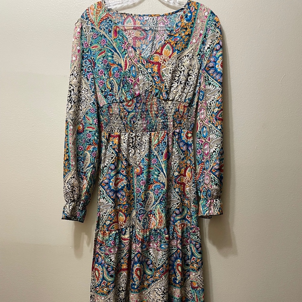 Bohemian Paisley Print V-neck Dress M Multicolor